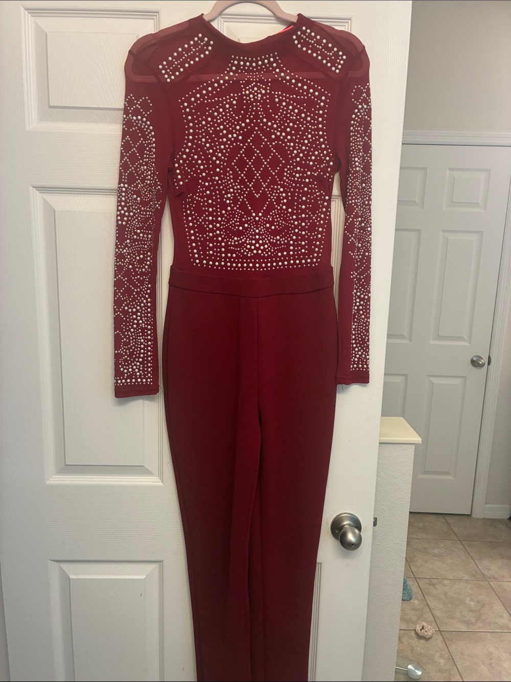 Xtaren Red Long-Sleeve Embellished Jumpsuit
